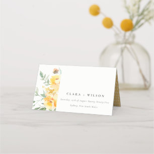 Yellow Green Watercolor Rose Flower Wedding Place Card