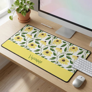 Yellow Green Watercolor Wildflower Monogram Name Desk Mat
