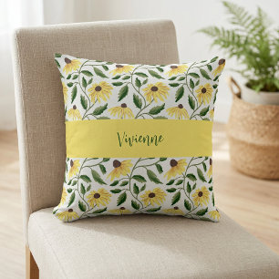 Yellow Green Watercolor Wildflower Monogram Name Throw Pillow