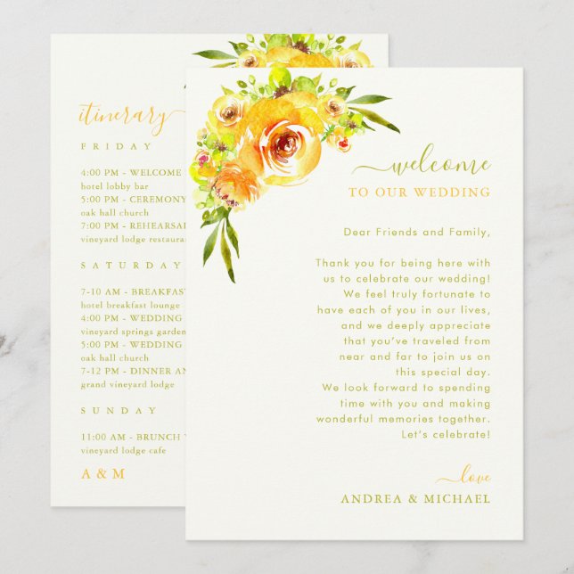 Yellow Green Wedding Welcome Letter Itinerary Card (Front/Back)