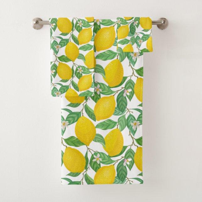 Yellow Green White Lemon Pattern  Bath Towel Set (Insitu)
