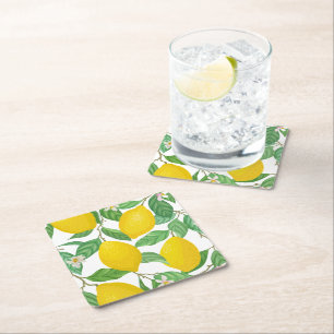 Yellow Green White Lemon Pattern  Square Paper Coaster