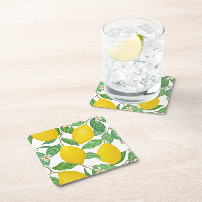 Yellow Green White Lemon Pattern  Square Paper Coaster (Insitu)