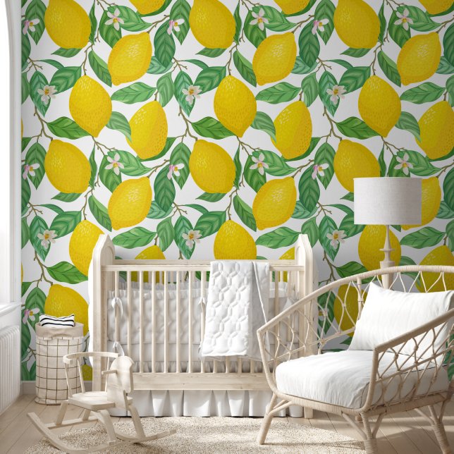Yellow Green White Lemon Pattern Wallpaper (Kids)