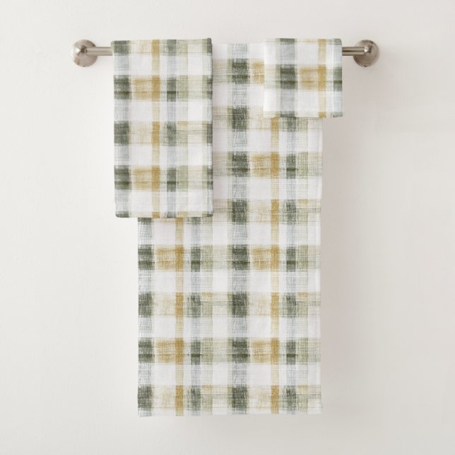 Yellow Green White Plaid Stripes Bath Towel Set (Insitu)
