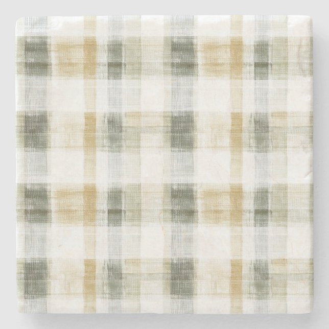 Yellow Green White Plaid Stripes Stone Coaster (Front)