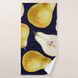 Yellow-green whole ripe pear on a black background bath towel