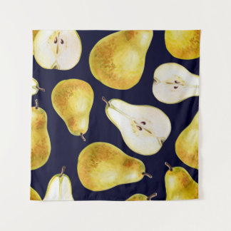 Yellow-green whole ripe pear on a black background tapestry