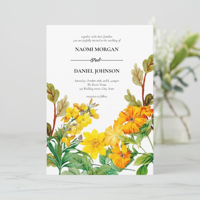 Yellow Greenery Colourful Wildflowers  Invitation (Standing Front)