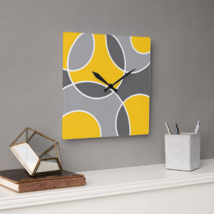 Yellow Grey Abstract Circles  Square Wall Clock