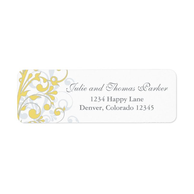 Yellow Grey Abstract Floral Wedding Return Address (Front)