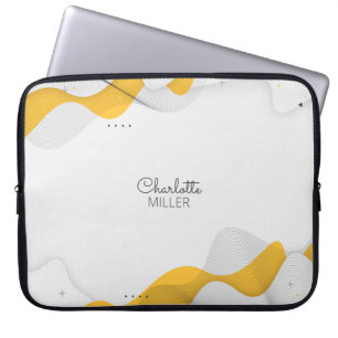 Yellow-Grey Abstract Waves with Custom Name Laptop Sleeve