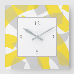 Yellow Grey Acrylic Abstract Brushstrokes  Square Wall Clock