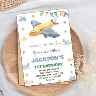 Yellow Grey Airplane Birthday Invitations