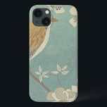 Yellow, Grey and Beige Bird Perched on a Branch iPhone 13 Case<br><div class="desc">Chariklia Zarris is known for her abstract art pieces. In this drawing of a profile of a bird on a blue teal background,  she captured the simplicity of the bird. The white flowers add a romantic touch. Customize your favourite Zazzle product using this beautiful image.</div>