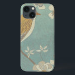 Yellow, Grey and Beige Bird Perched on a Branch iPhone 13 Case<br><div class="desc">Chariklia Zarris is known for her abstract art pieces. In this drawing of a profile of a bird on a blue teal background,  she captured the simplicity of the bird. The white flowers add a romantic touch. Customize your favourite Zazzle product using this beautiful image.</div>