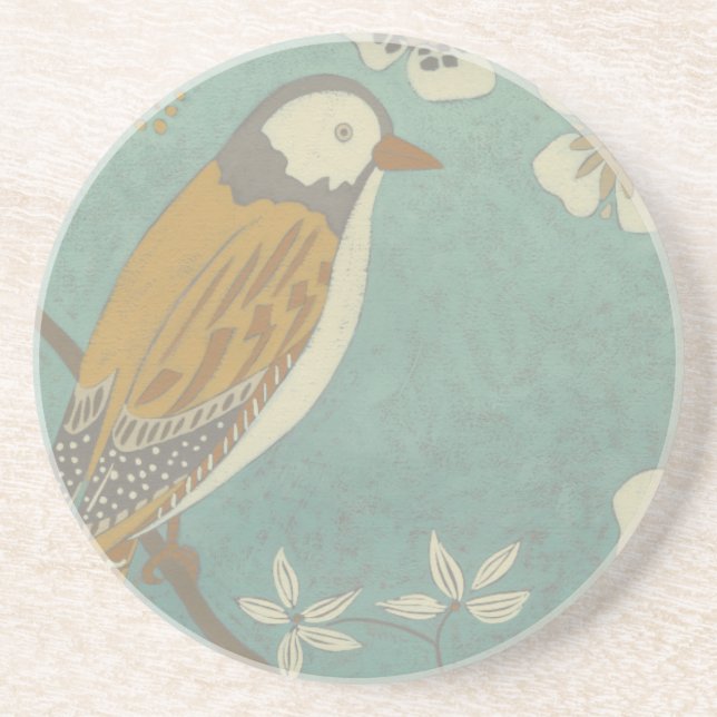 Yellow, Grey and Beige Bird Perched on a Branch Coaster (Front)