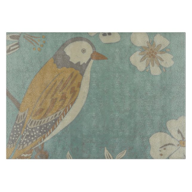 Yellow, Grey and Beige Bird Perched on a Branch Cutting Board (Front)