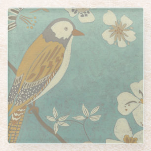 Yellow, Grey and Beige Bird Perched on a Branch Glass Coaster