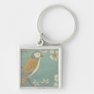 Yellow, Grey and Beige Bird Perched on a Branch Keychain