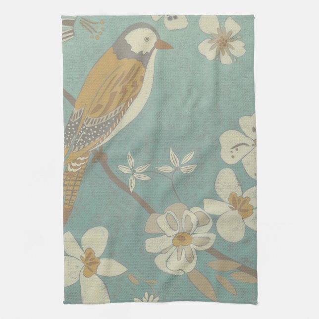 Yellow, Grey and Beige Bird Perched on a Branch Kitchen Towel (Vertical)