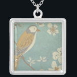 Yellow, Grey and Beige Bird Perched on a Branch Silver Plated Necklace<br><div class="desc">Chariklia Zarris is known for her abstract art pieces. In this drawing of a profile of a bird on a blue teal background,  she captured the simplicity of the bird. The white flowers add a romantic touch. Customize your favourite Zazzle product using this beautiful image.</div>