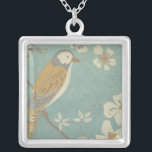 Yellow, Grey and Beige Bird Perched on a Branch Silver Plated Necklace<br><div class="desc">Chariklia Zarris is known for her abstract art pieces. In this drawing of a profile of a bird on a blue teal background,  she captured the simplicity of the bird. The white flowers add a romantic touch. Customize your favourite Zazzle product using this beautiful image.</div>