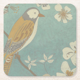 Yellow, Grey and Beige Bird Perched on a Branch Square Paper Coaster