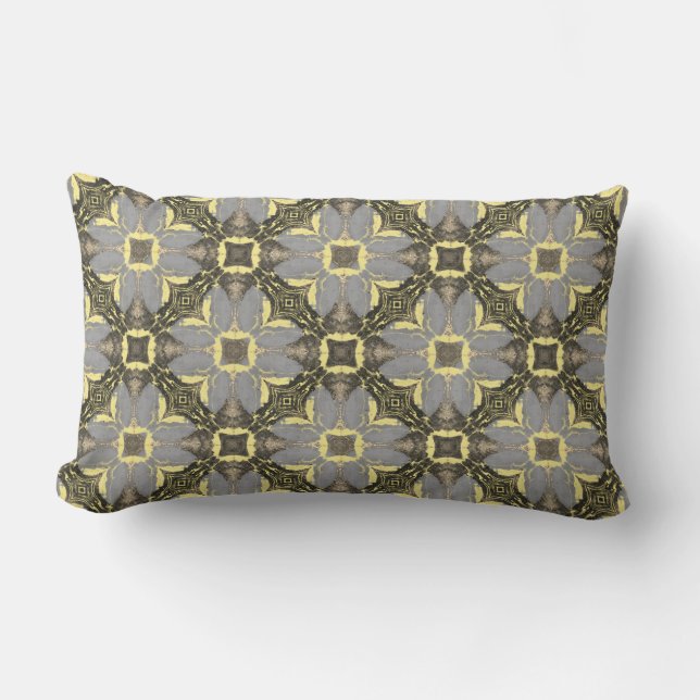 Yellow, Grey, and Black Flowers Pattern Lumbar Pillow (Front)