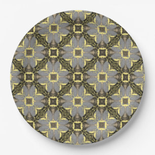 Yellow, Grey, and Black Flowers Pattern Paper Plate