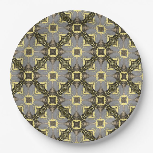 Yellow, Grey, and Black Flowers Pattern Paper Plate (Front)