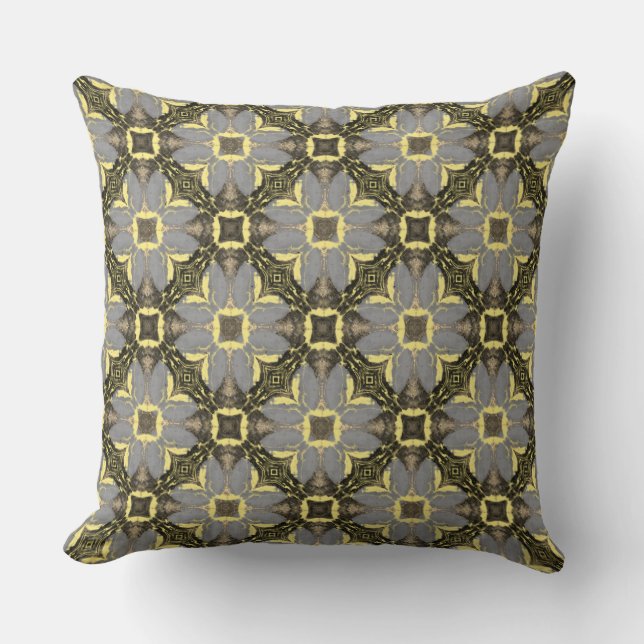 Yellow, Grey, and Black Flowers Pattern Throw Pillow (Front)