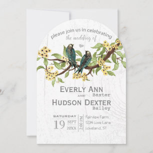 Yellow Grey and Blue Green Vintage Birds Wedding Invitation