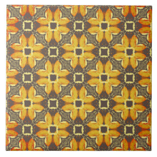 Yellow, Grey, and Taupe Hipster Flowers Pattern Tile