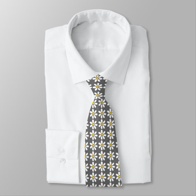 Yellow Grey and White Daisy Pattern Tie (Tied)