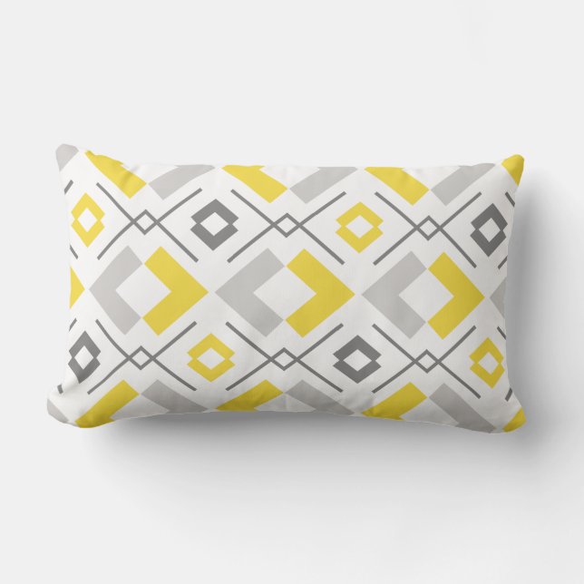 Yellow grey and white geometric pattern lumbar pillow (Front)