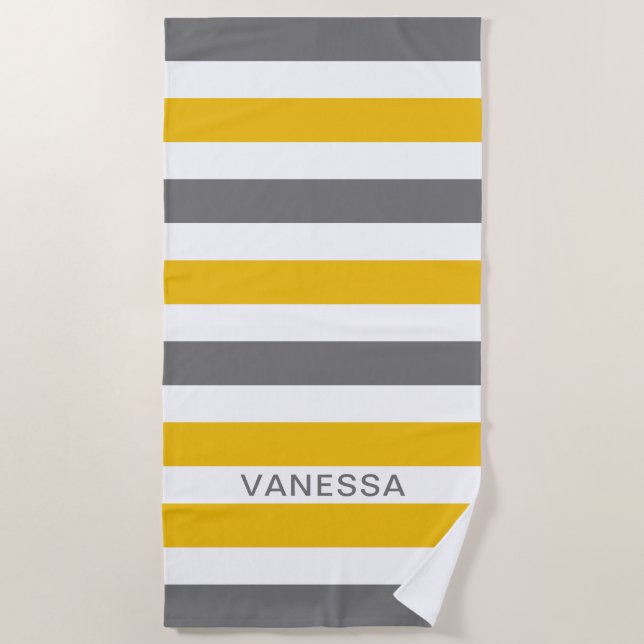 Yellow,Grey And White Striped Name Cabana Stripe Beach Towel (Front)
