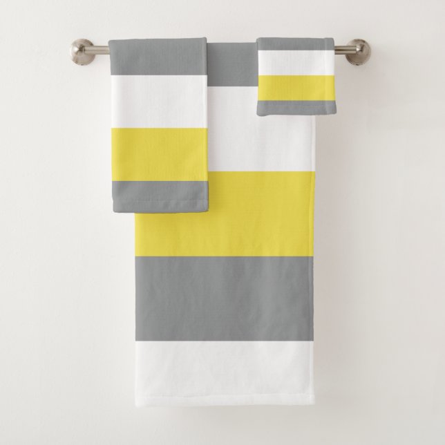 Yellow Grey and White Stripes Pattern Bath Towel Set (Insitu)