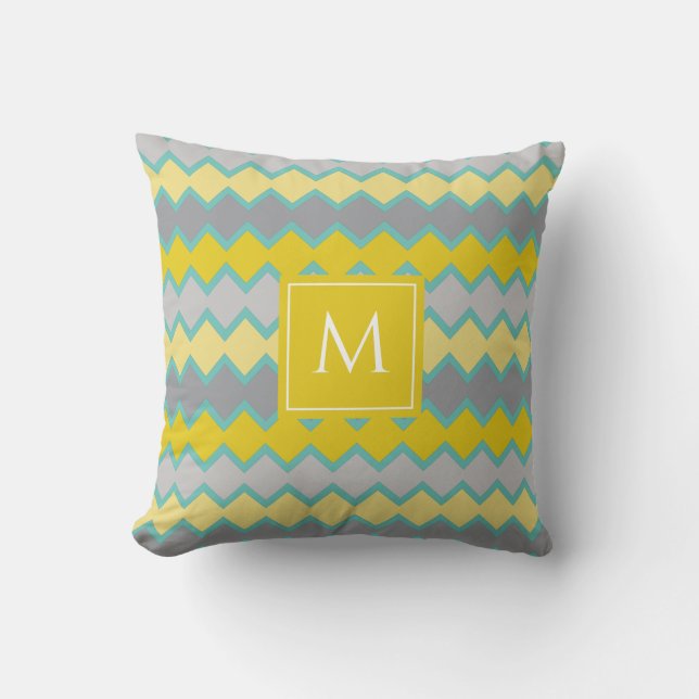 Yellow Grey Aqua Geometric Pattern Monogram  Throw Pillow (Front)
