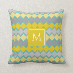 Yellow Grey Aqua Geometric Pattern Monogram Throw Pillow