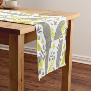Yellow Grey Ara Parrot Drawing Tropical Pattern  Short Table Runner