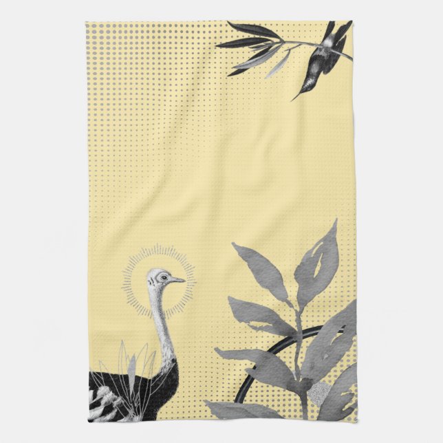 Yellow & Grey Artistic Watercolor Leaves Ostrich Kitchen Towel (Vertical)