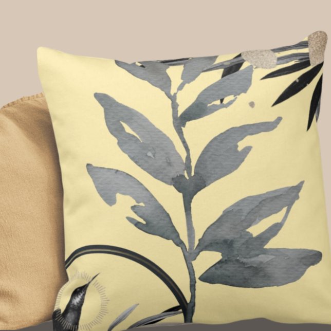 Yellow & Grey Artistic Watercolor Leaves Throw Pillow (Creator Uploaded)