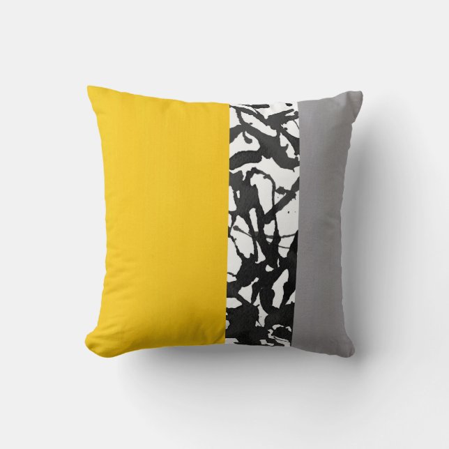 Yellow Grey Black and White Abstract Modern Throw Pillow (Front)