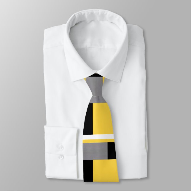 Yellow Grey Black and White Colour Block Pattern Tie (Tied)