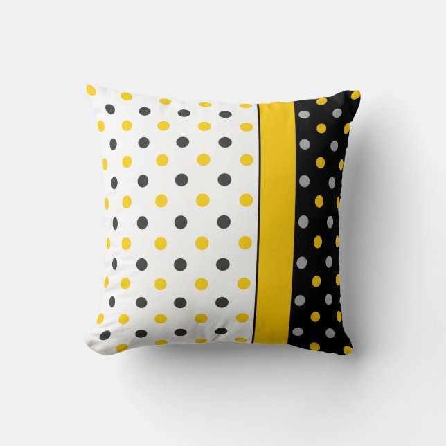 Yellow, Grey, Black and White Polka Dot Modern Throw Pillow (Front)