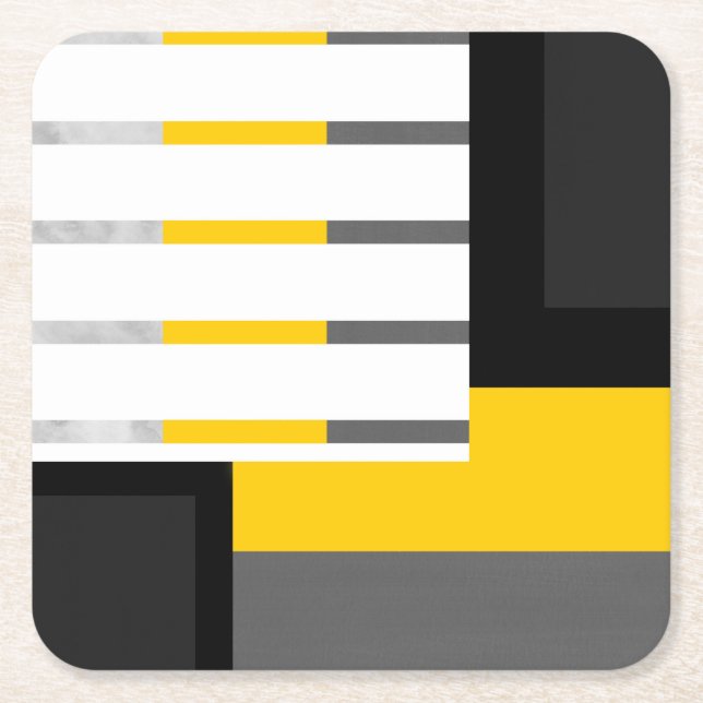 Yellow Grey Black and White Striped Block Square Paper Coaster (Front)