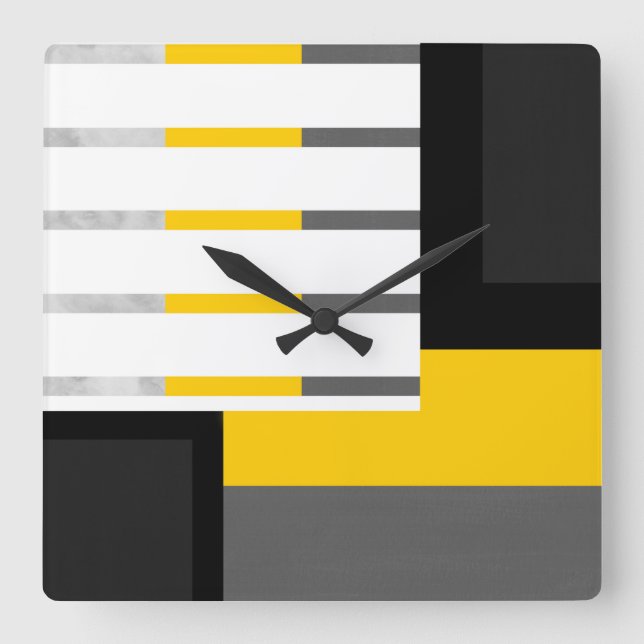 Yellow Grey Black and White Striped Block Square Wall Clock (Front)