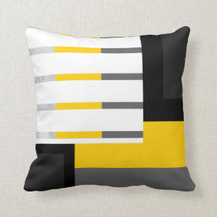 Yellow Grey Black and White Striped Block Throw Pillow