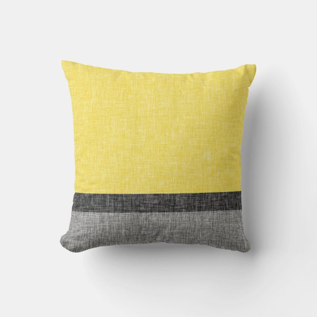 Yellow Grey Black Stripes Digital Burlap Pattern Throw Pillow (Front)